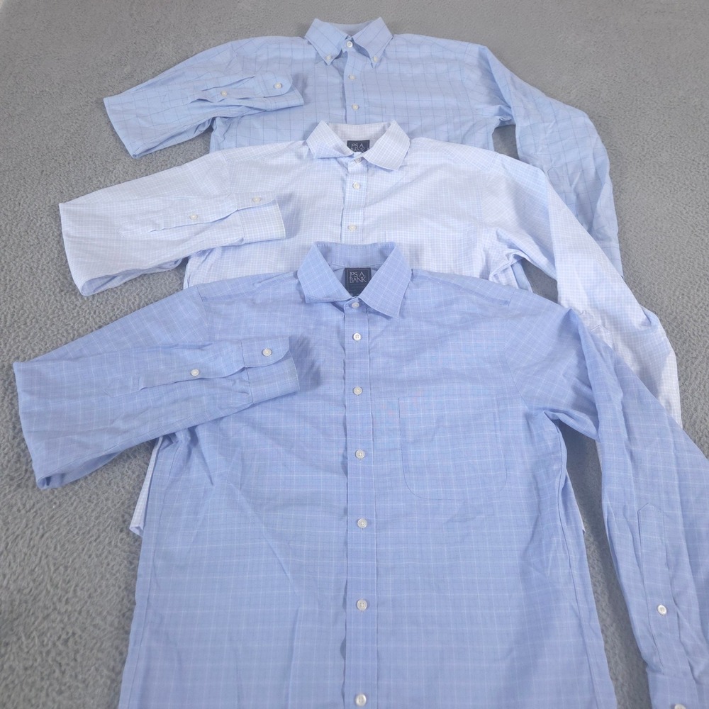 LOT OF 3 Jos. A. Bank Shirt Mens 15-32 Blue Traveler Slim Fit Cotton Plaid Check